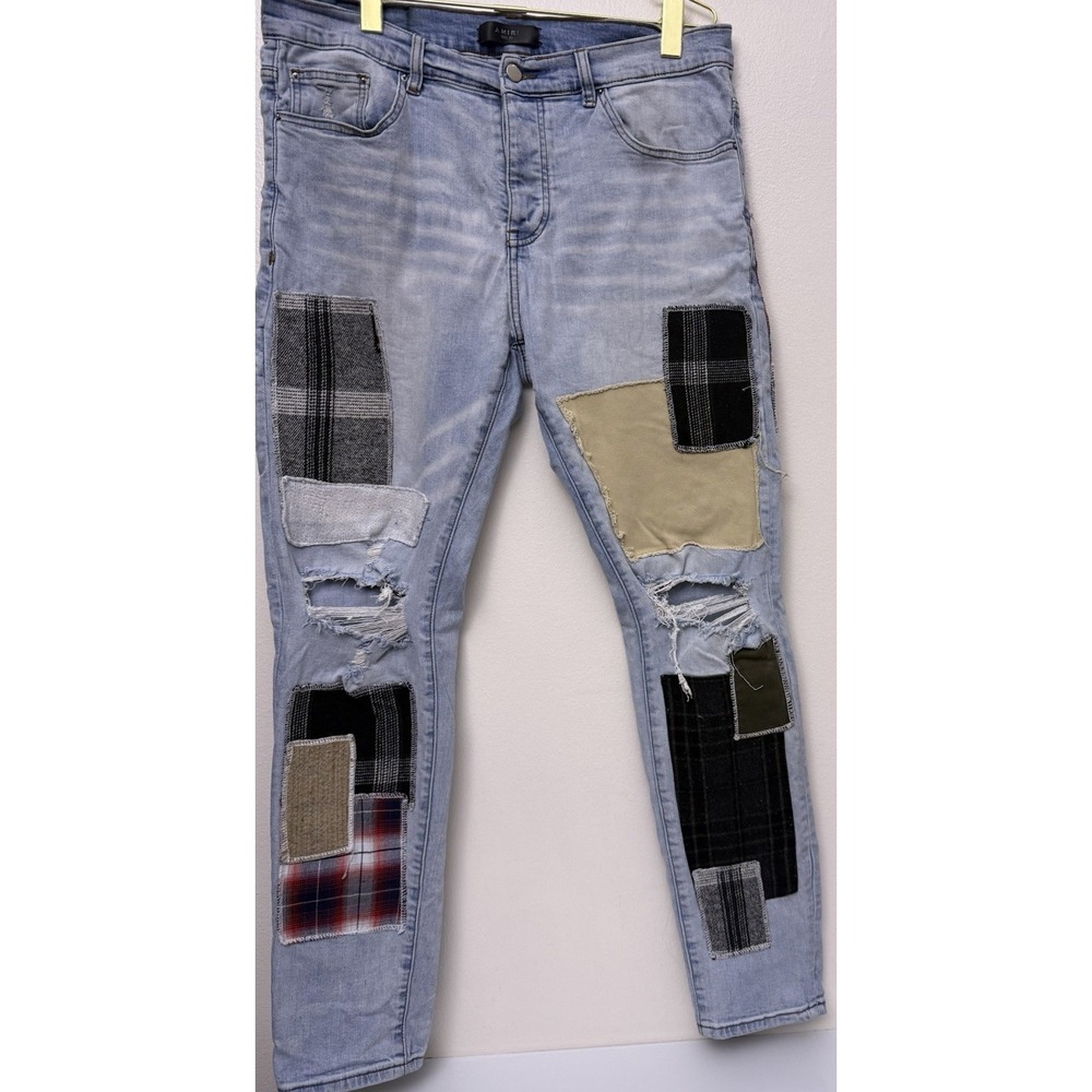 Amiri Distressed Plaid‎ Patchwork Denim Skinny Jeans Men's Size 34 Button Fly